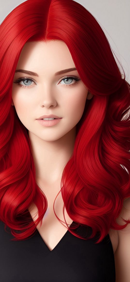 girl, redhead, top, black, digital art