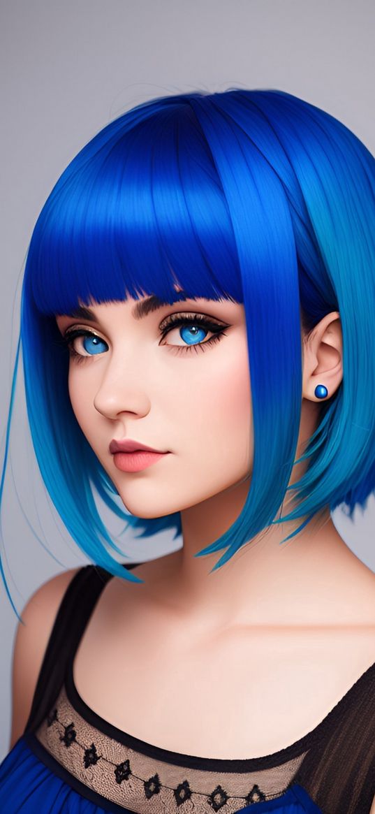 girl, blue hair, square, blue eyes, art