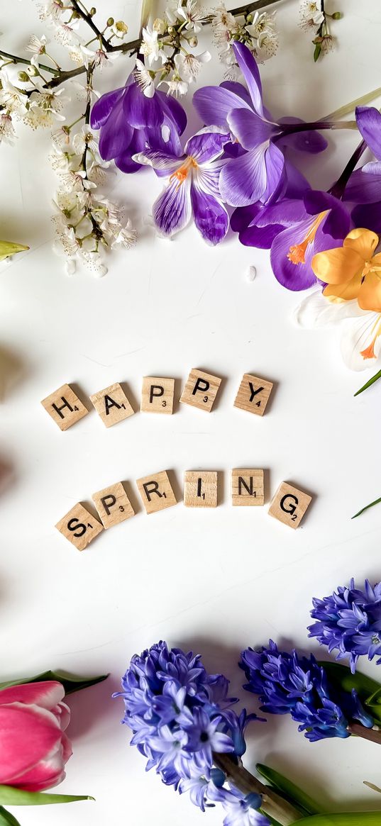 happy spring, inscription, tulips, hyacinths, crocuses, flowers