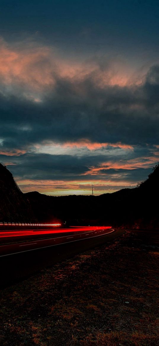 road, savannah, hills, sunset, cloudy sky