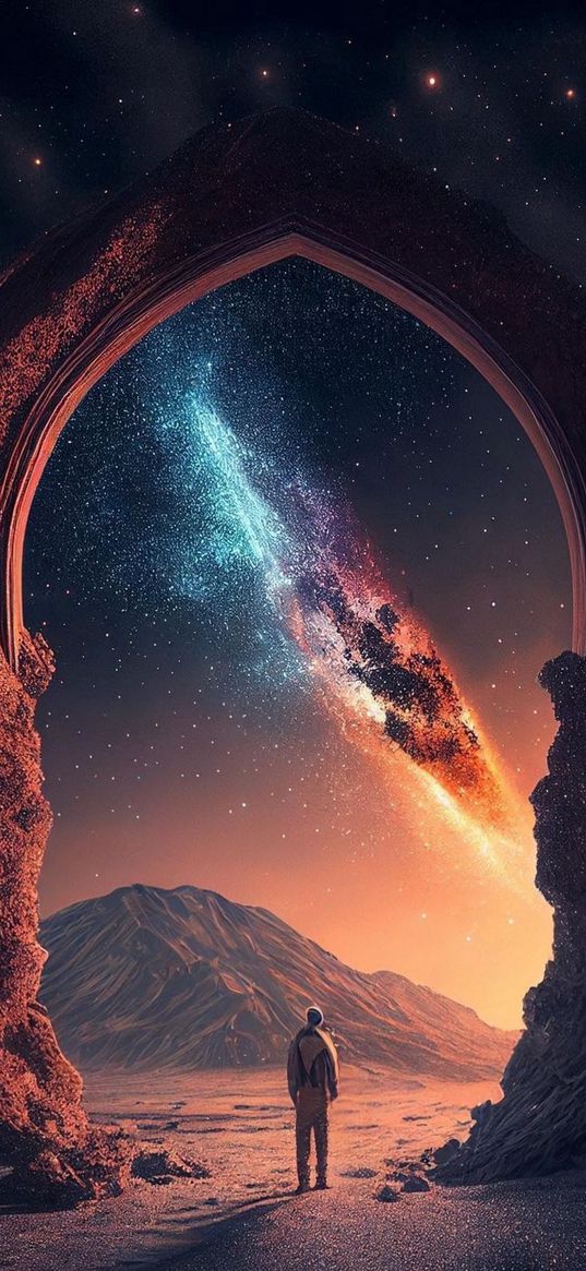 human, portal, sand, mount, galaxy, stars, fiction, art