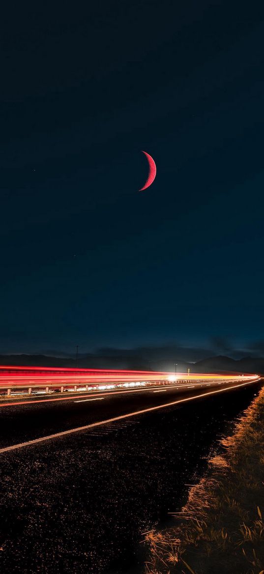 road, timelapse, horizon, night sky, moon