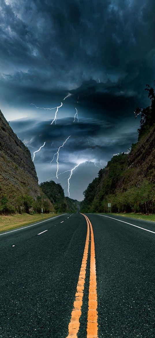 road, trees, slopes, valley, lightning, cloudy sky, landscape