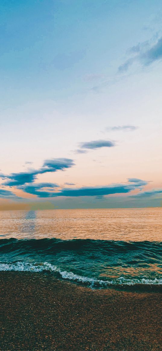 sand, waves, sea, sky, clouds, dawn