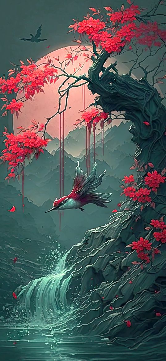 bird, tree, flowers, waterfall, moon, art