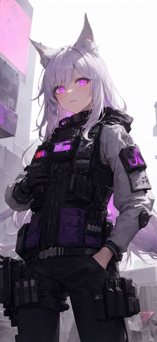 girl, military, ears, neko, anime