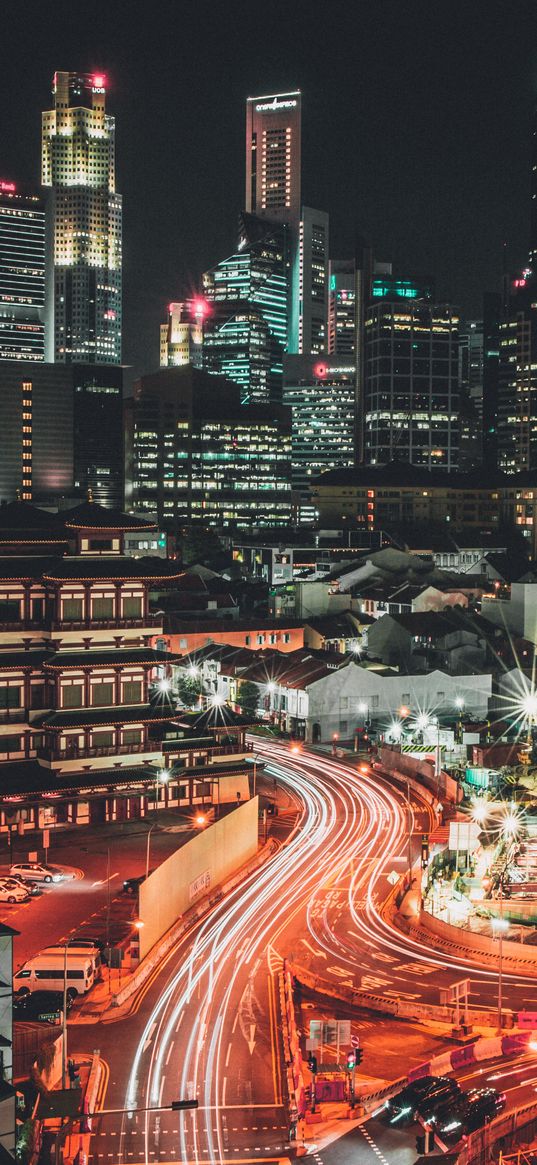 road, freezelight, buildings, lights, city, night