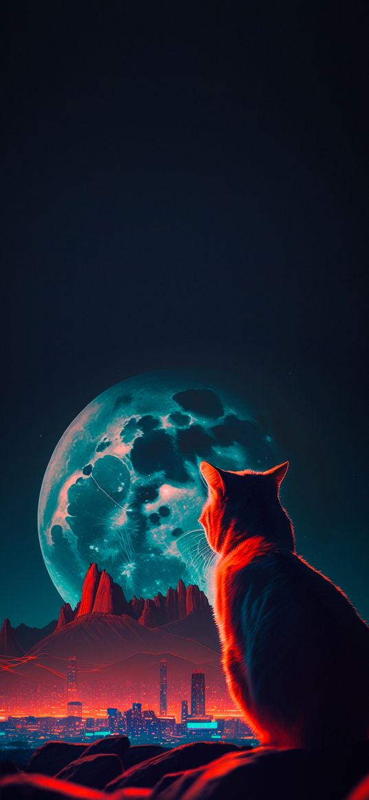 cat, city, rocks, moon, night, art