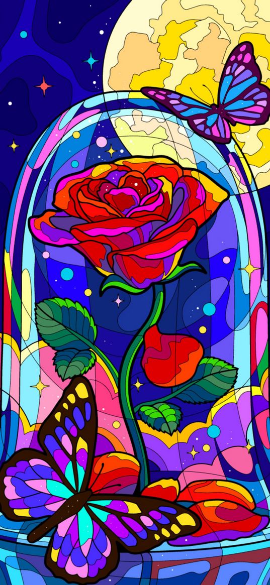 rose, flask, butterflies, night, moon, art