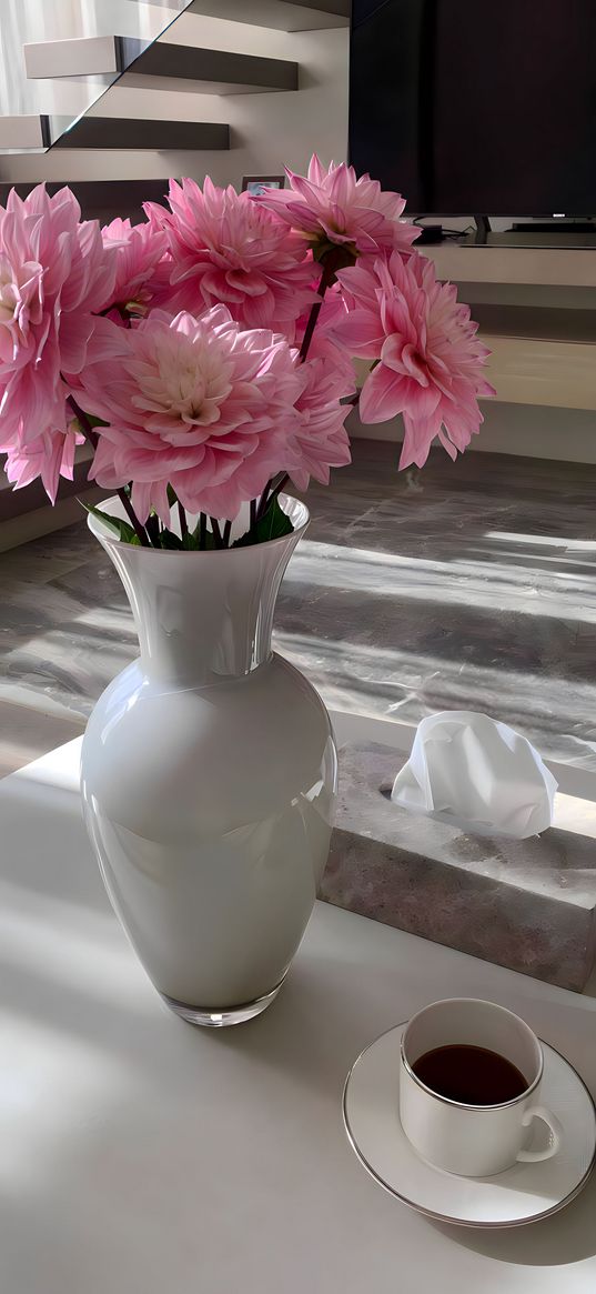 chrysanthemum, flowers, pink, vase, bouqet, coffee