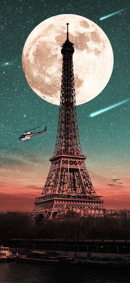 eiffel tower, moon, helicopter, river, paris, sunset, comets, stars, night