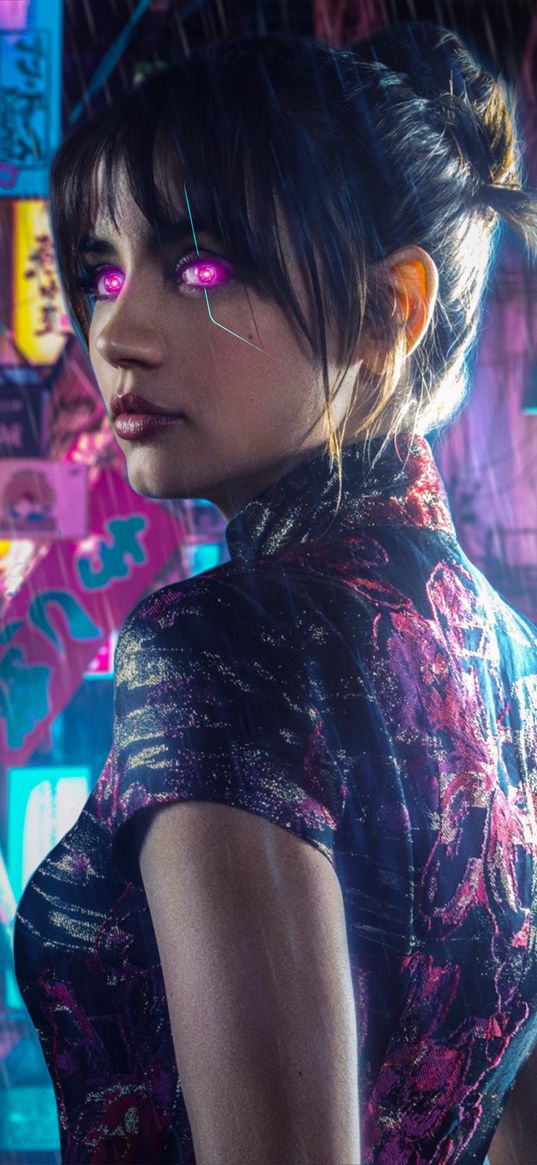 joy, blade runner, ana de armas, girl, beautiful, actress, pink eyes, neon, rain, city, night