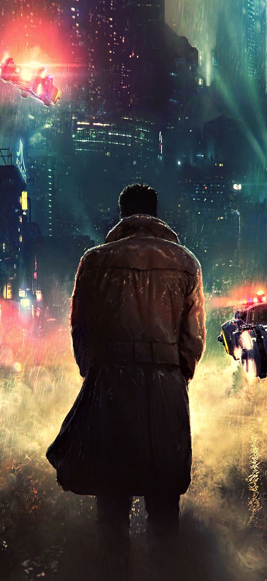 blade runner 2049, film, man, flying cars, city, rain, lights, night, future, fantasy, art