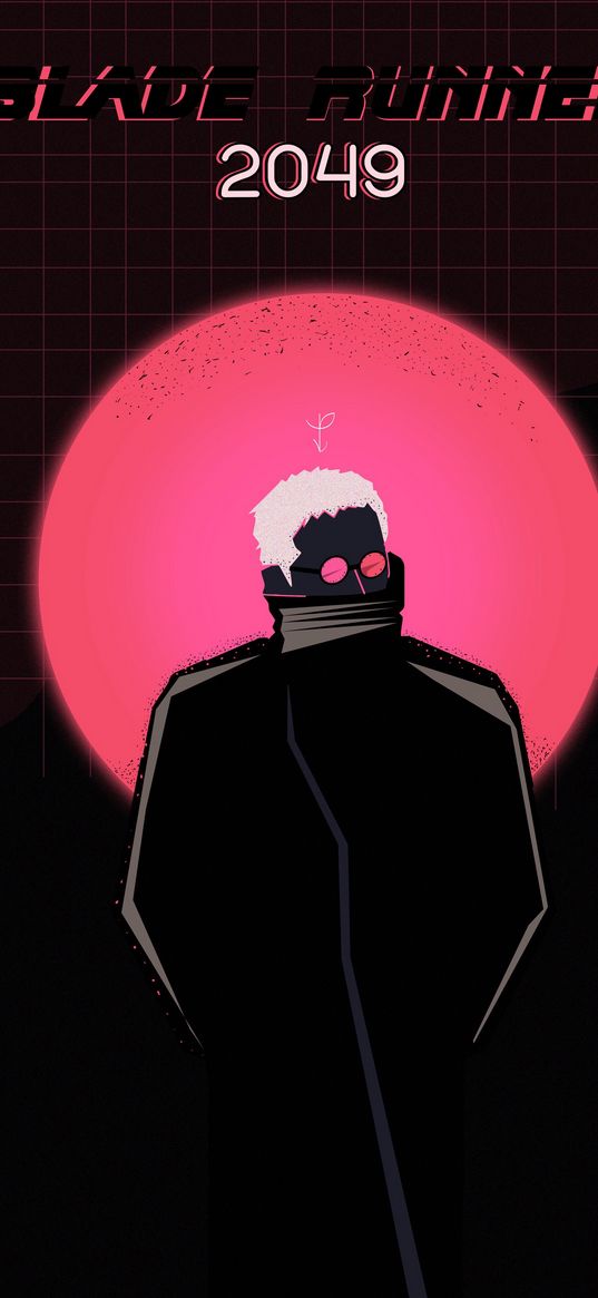 blade runner 2049, film, man, glasses, cloak, sun, circle, pink, black, art