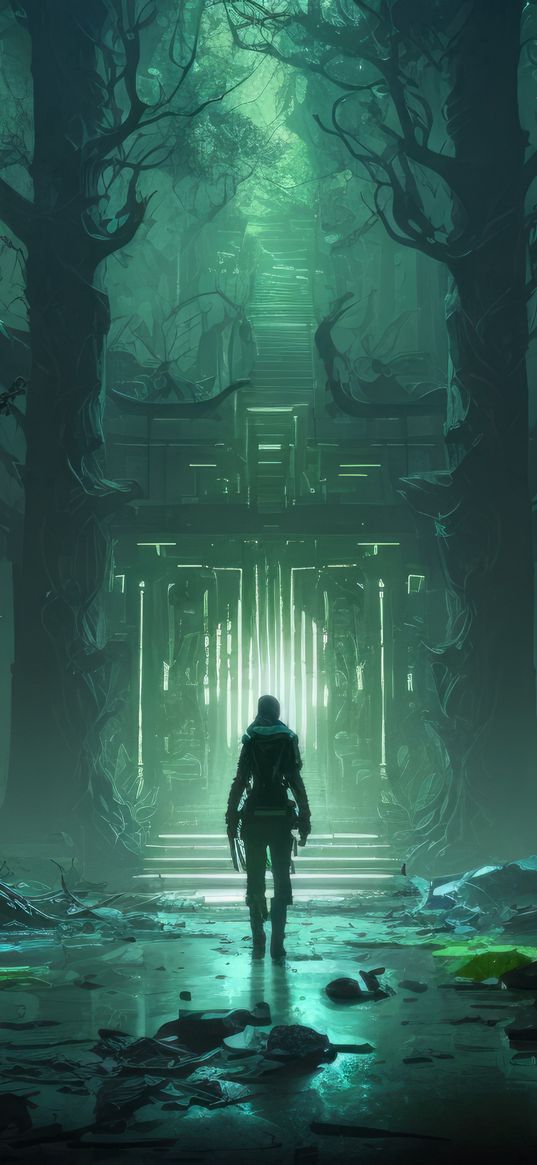 man, trees, gates, light, plants, green, fantasy, ai, art