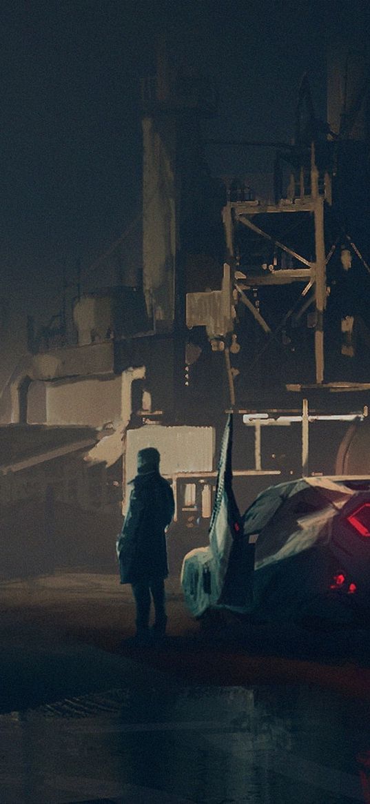 blade runner 2049, film, man, flying car, buildings, city, red sun, future, sci-fi, art