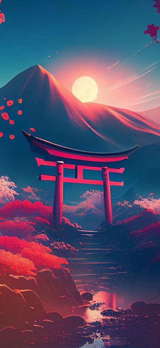 torii, temple, sakura, petals, mountains, sun, japan, ai, art