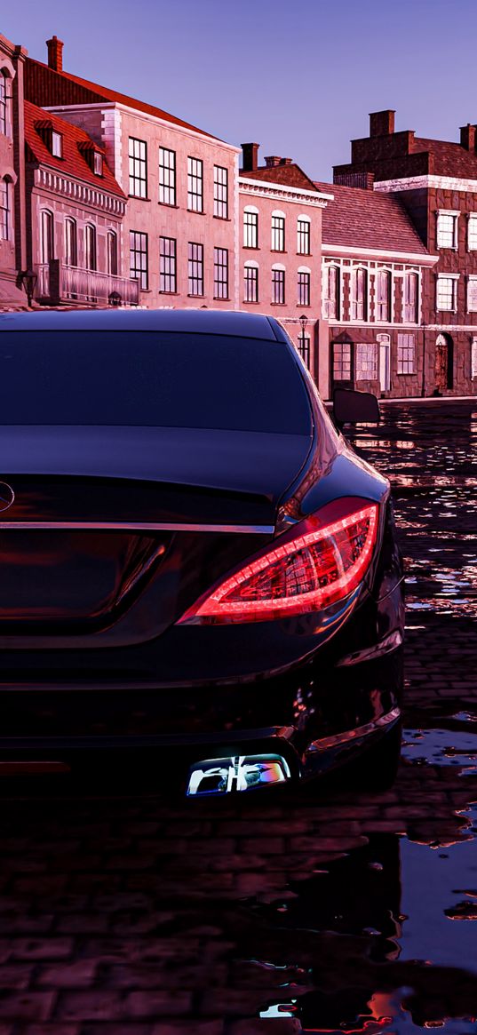 mercedes cls-63, mercedes, car, black, houses, street, puddles, leaves