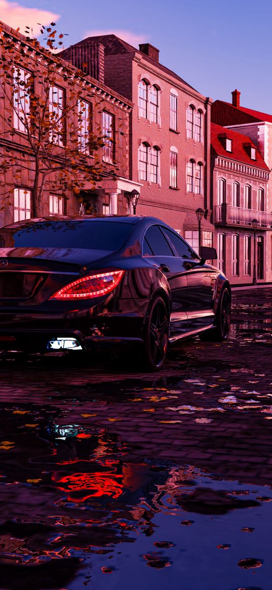 mercedes cls-63, mercedes, car, black, houses, street, puddles, leaves, autumn