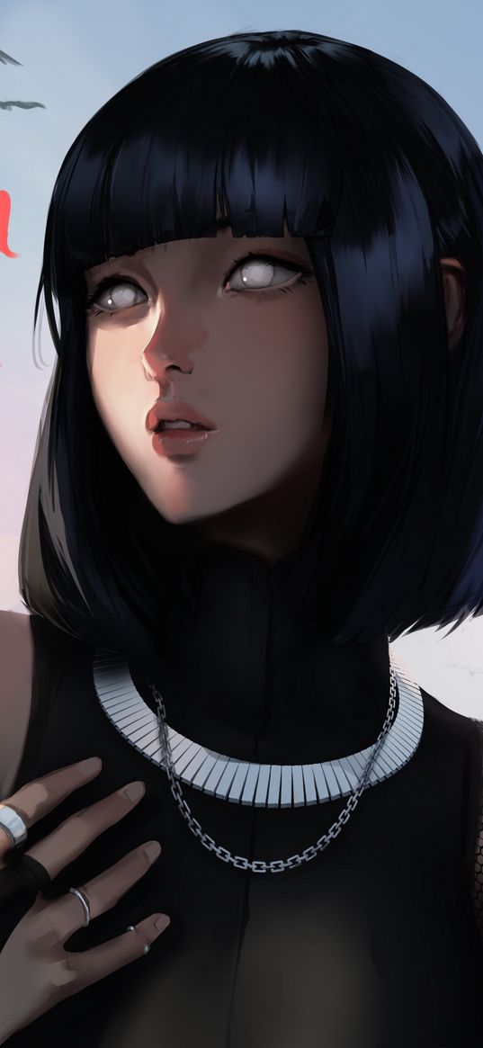 hinata, naruto, anime, girl, short hair, beautiful, jewelry, birds, sky, art