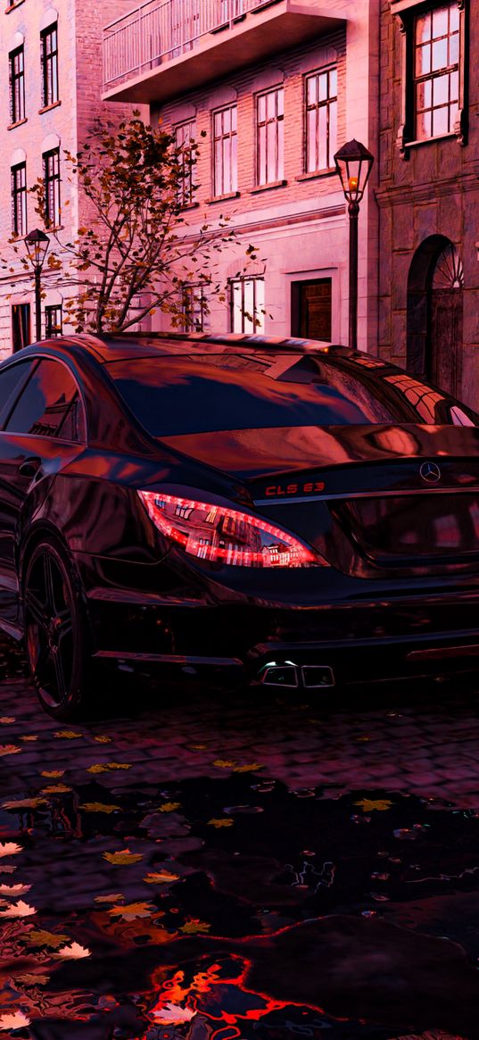 mercedes cls-63, mercedes, car, black, houses, street, city, leaves, autumn