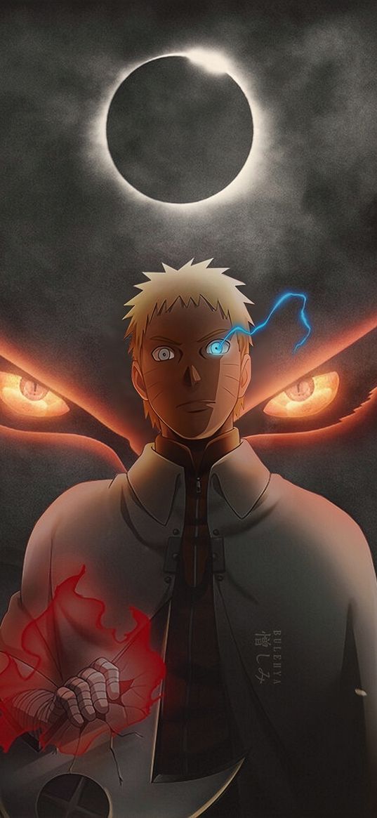 naruto, anime, character, guy, fox, eyes, moon, photoshop