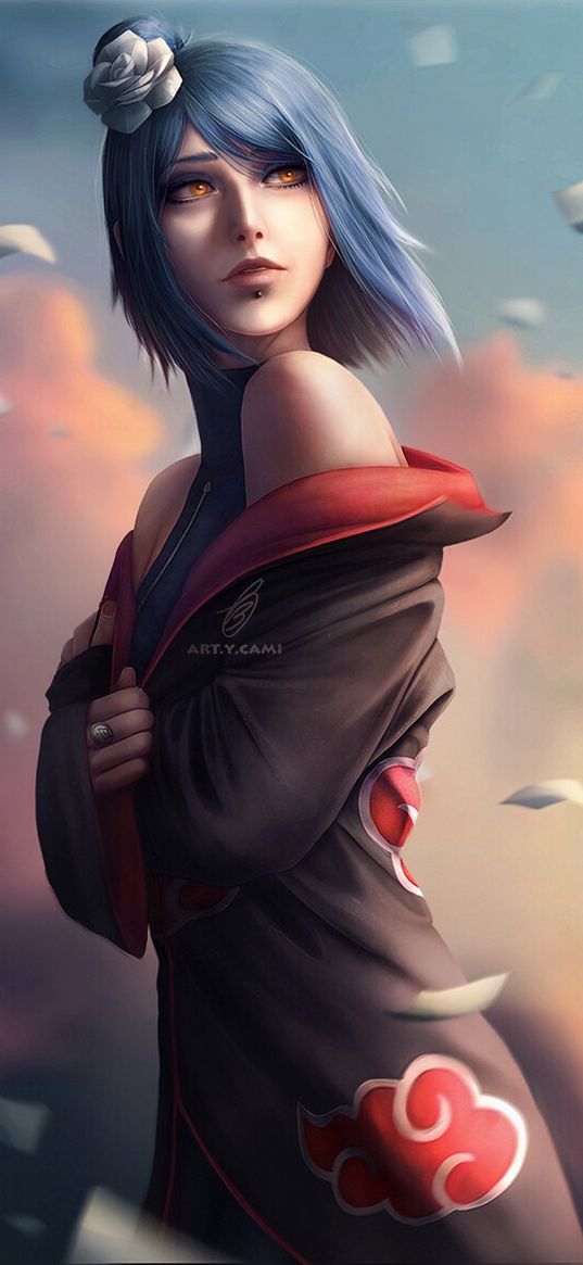 konan, naruto, anime, character, girl, rose, blue, art