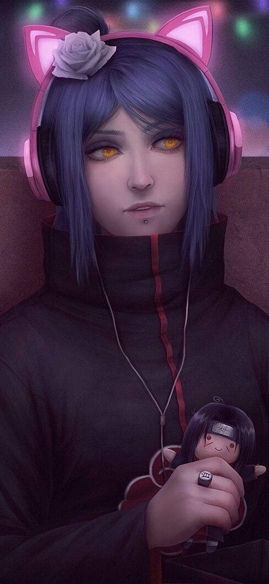 konan, naruto, character, akatsuki, girl, headphones, art