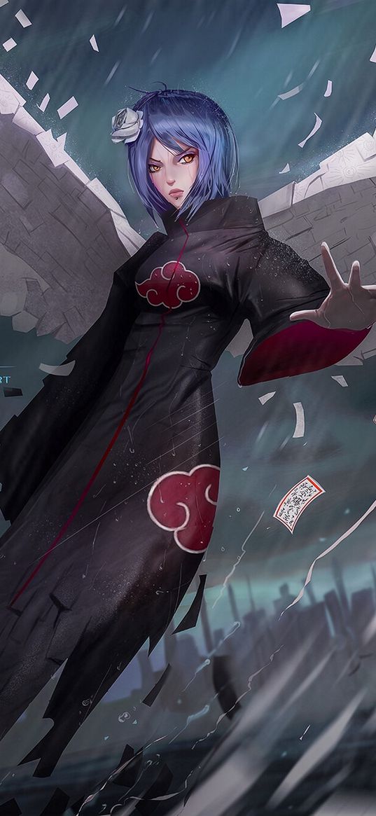 konan, naruto, anime, character, girl, wings, rain, art