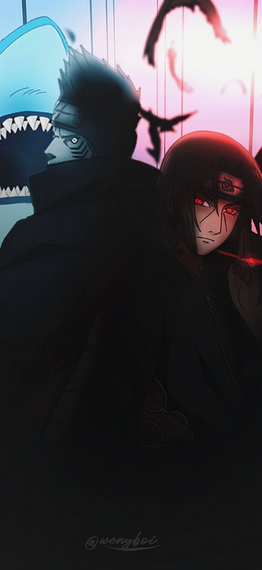 itachi uchiha, kisame, characters, naruto, shark, crows, photoshop