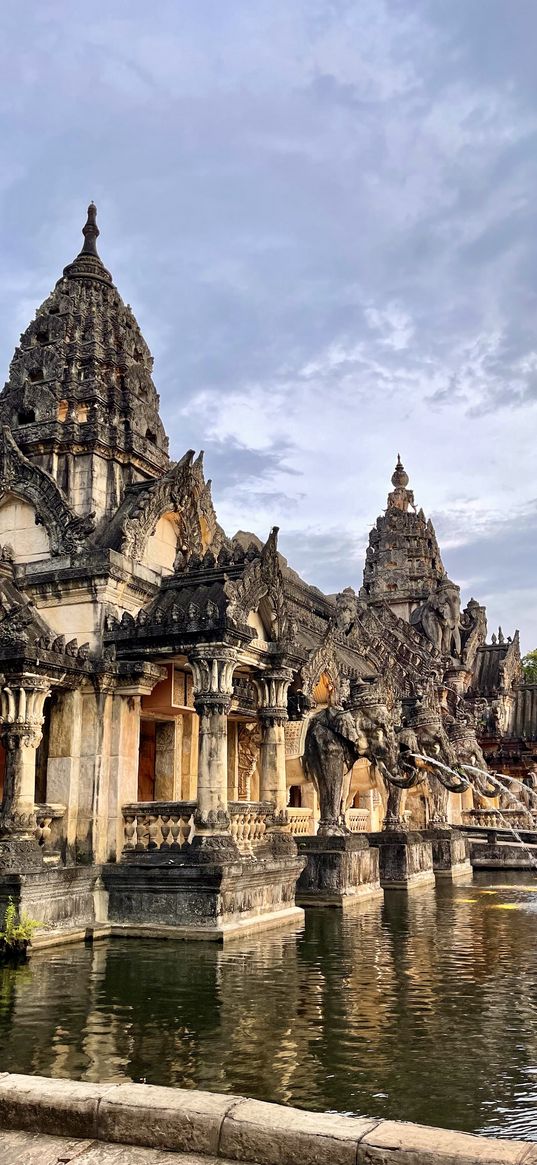 architecture, building, elephants, statues, columns, pond