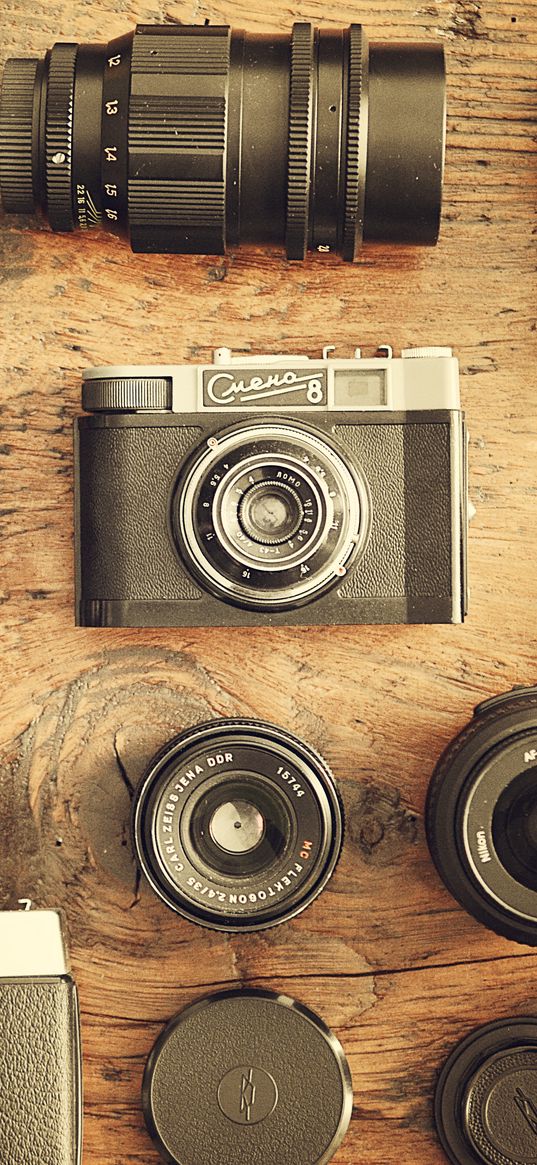 camera, lenses, table, wooden, retro