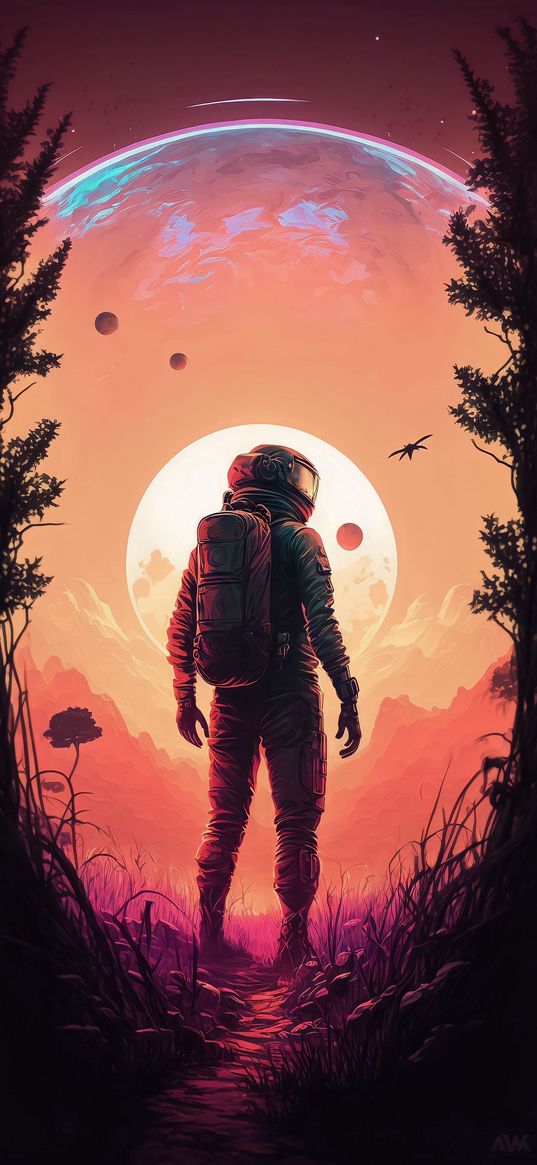 astronaut, plants, bushes, planets, space, art