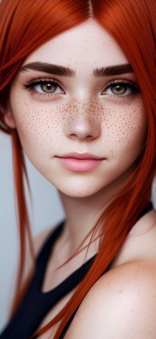 girl, redhead, freckles, portrait, art