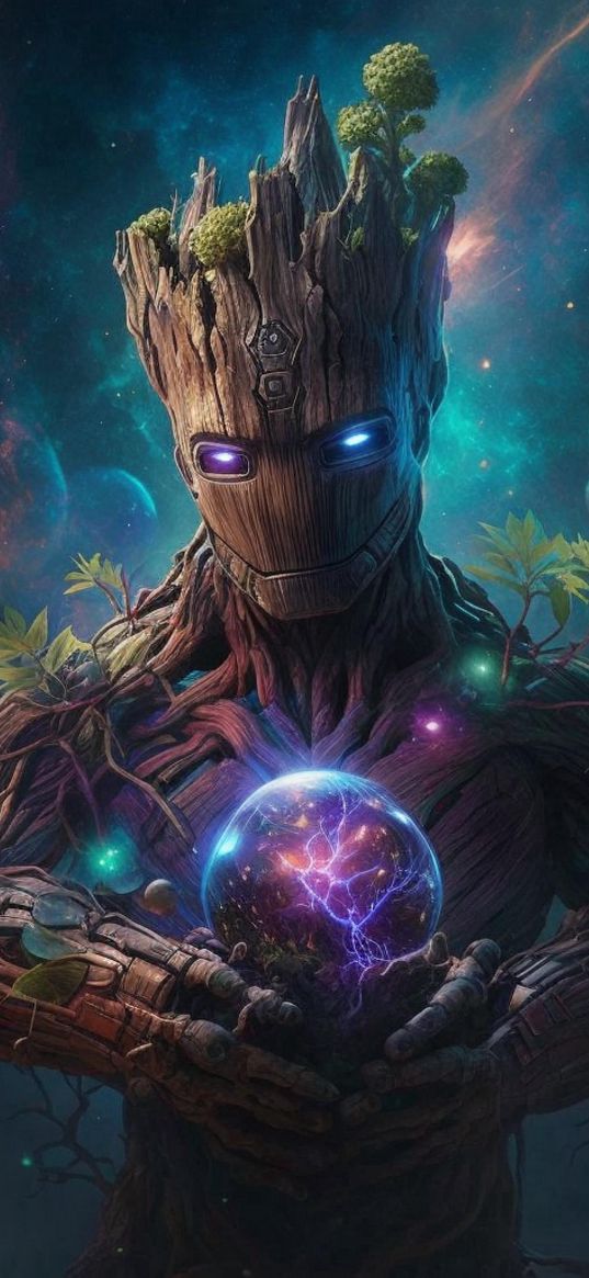 groot, tree, superhero, marvel, sphere, glow, art