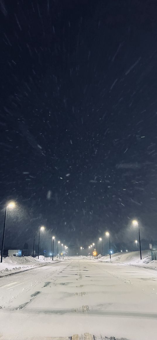 road, snow, night, lanterns, winter