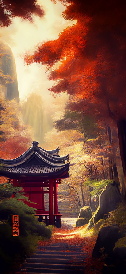 pagoda, trail, trees, leaves, autumn, art