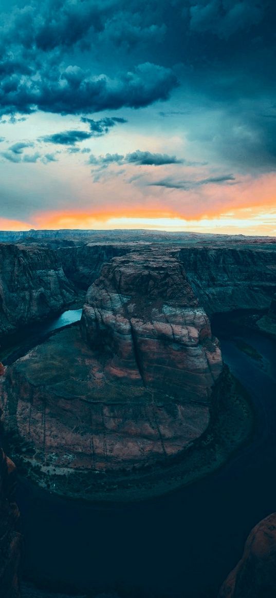 canyon, river, hillside, horizon, sunset, cloudy sky, nature, landscape