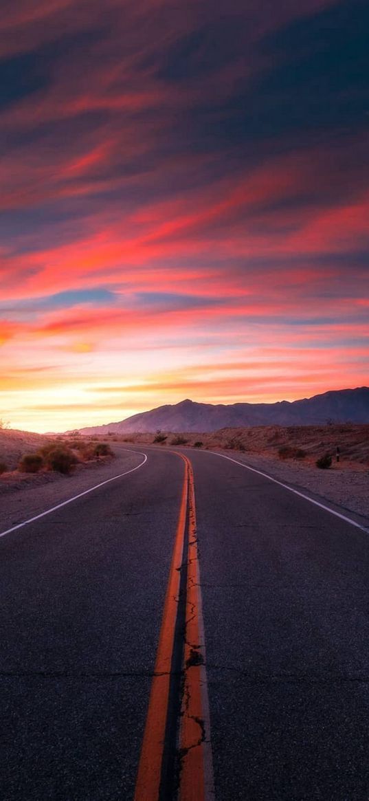 road, savannah, hills, sunset, clouds, sky