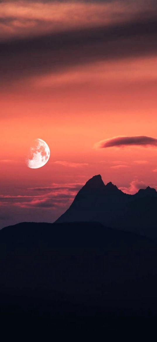 mountain, sunset, cloudy sky, moon