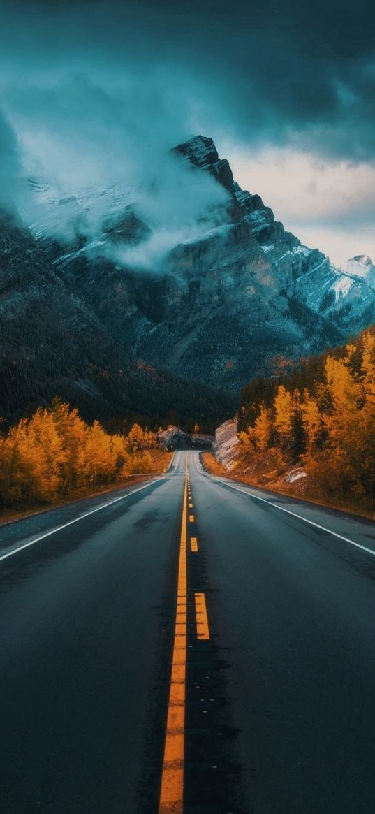 road, trees, forest, autumn, mountains, hills, cloudy sky, nature, landscape