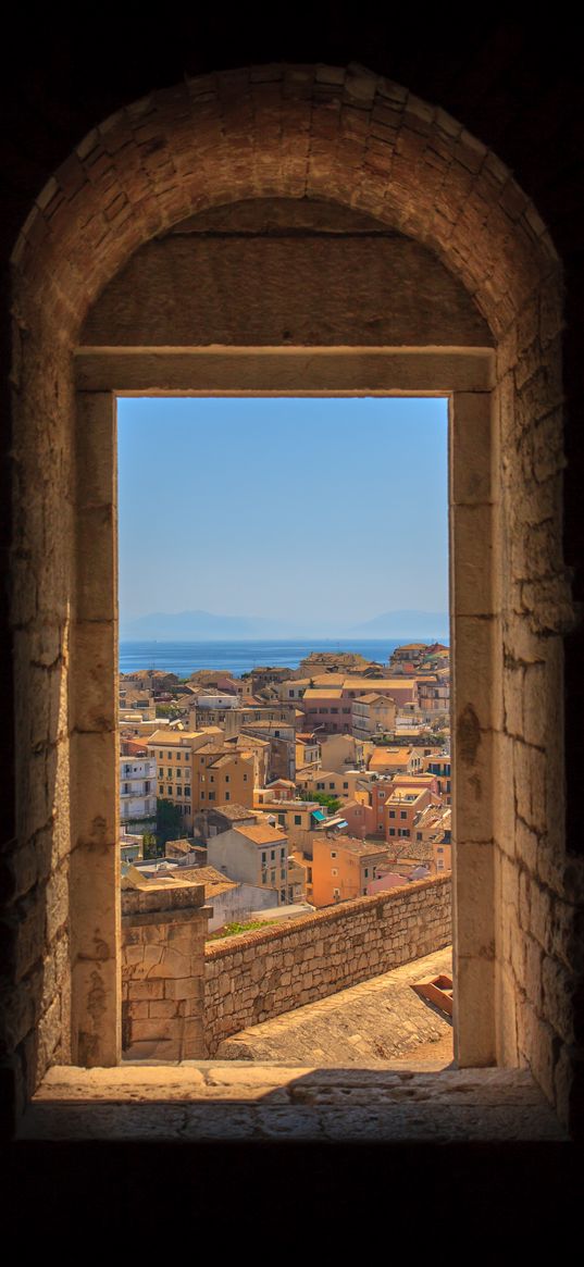 buildings, houses, roofs, sea, window, view