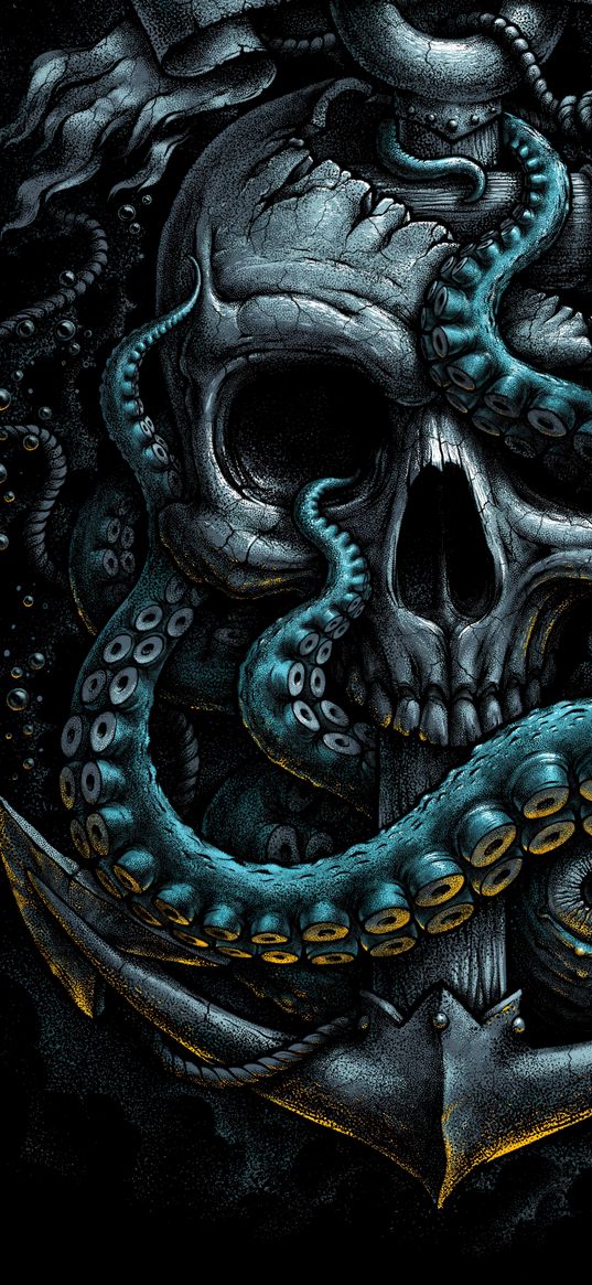 skull, octopus, tentacles, anchor, eye, bubbles, sea, art