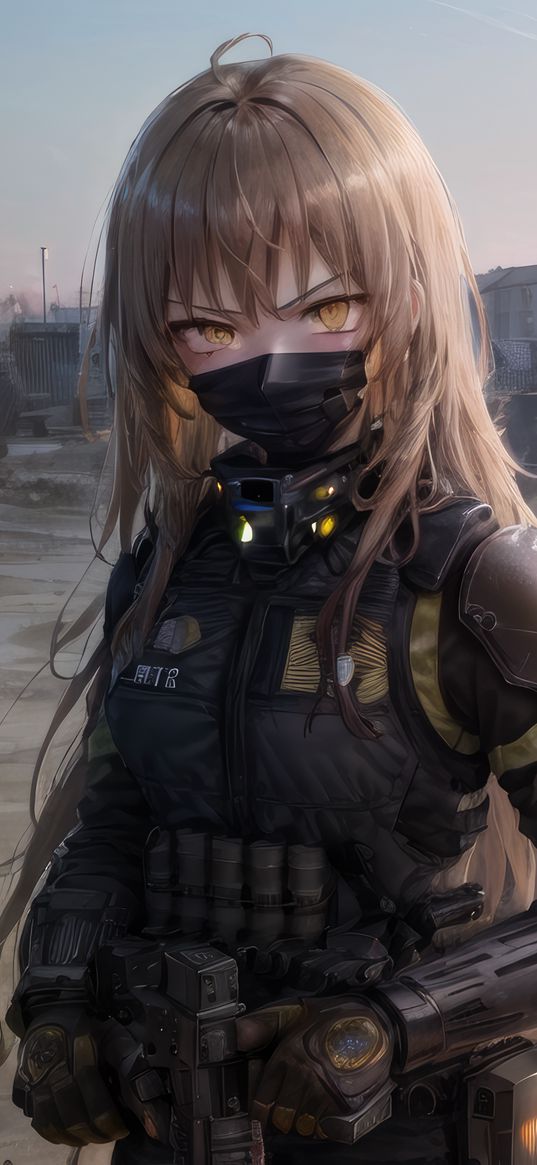 girl, mask, weapons, military, anime