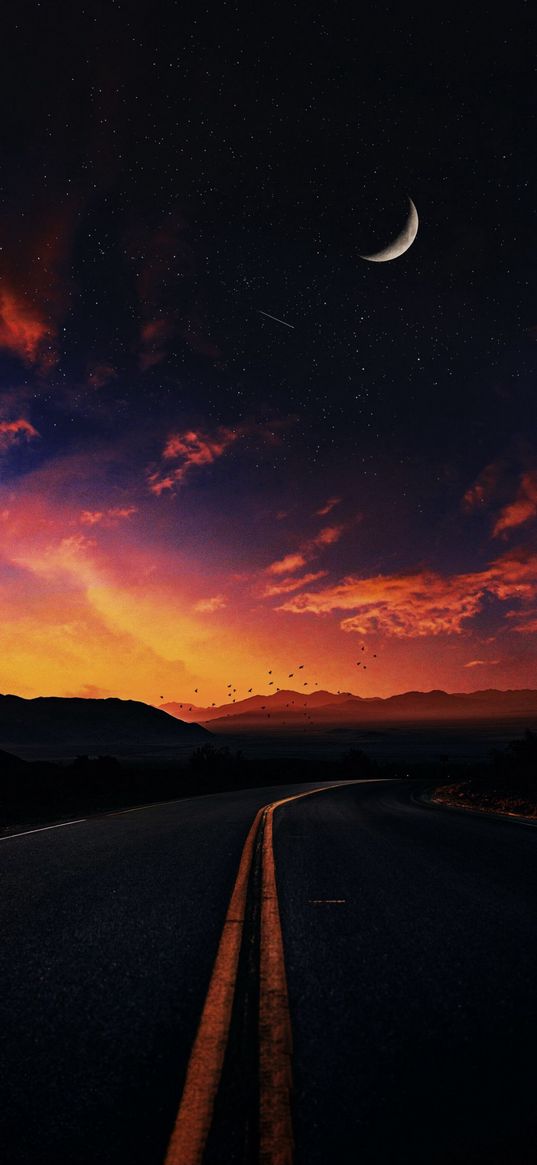 road, valley, mountains, birds, sunset, clouds, starry sky, stars, moon, evening, landscape