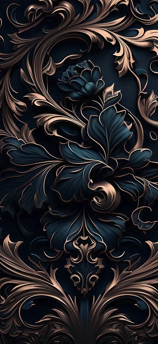 flowers, patterns, blue, gold, ai, art