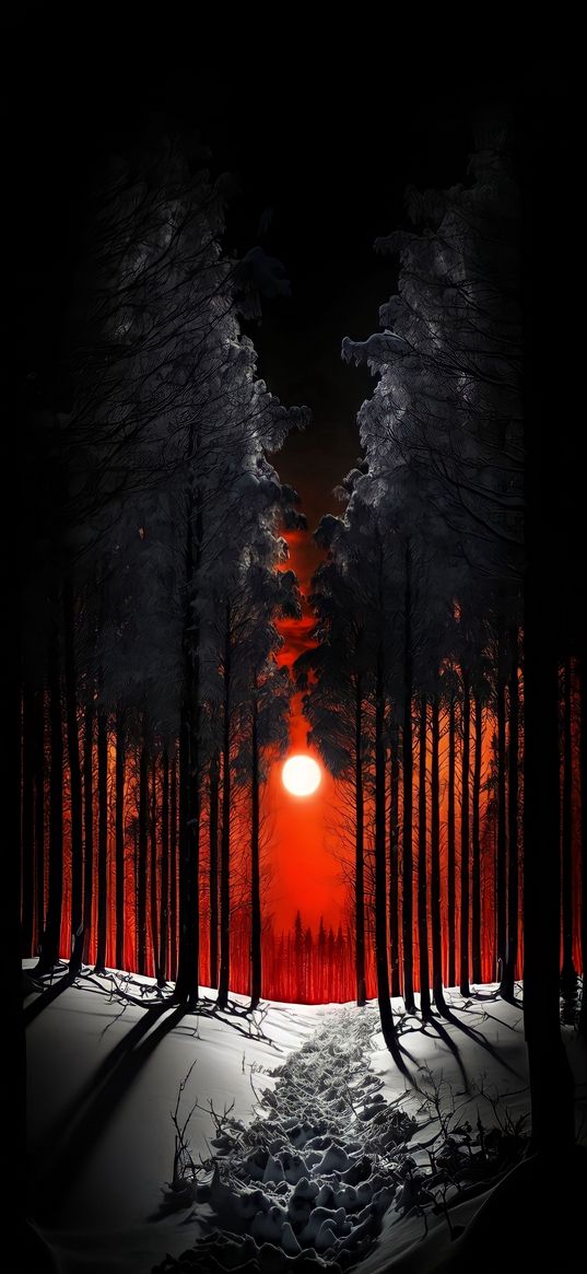 footprints, snow, trees, forest, moon, sunset, night, ai, art