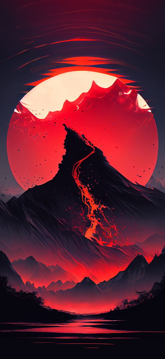 volcano, lava, mountains, river, art