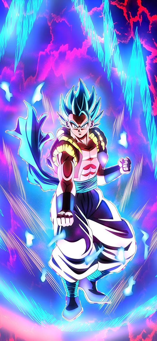 gogeta, dragon ball, anime, guy, fighter, blue hair, superpower, art