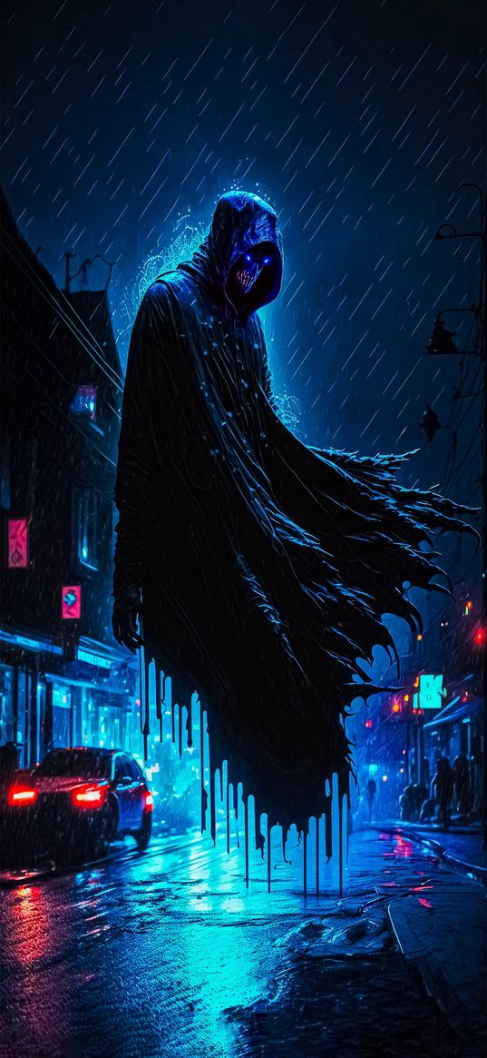 reaper, blue reaper, dark, death, shinigami, car, horror, rain, night